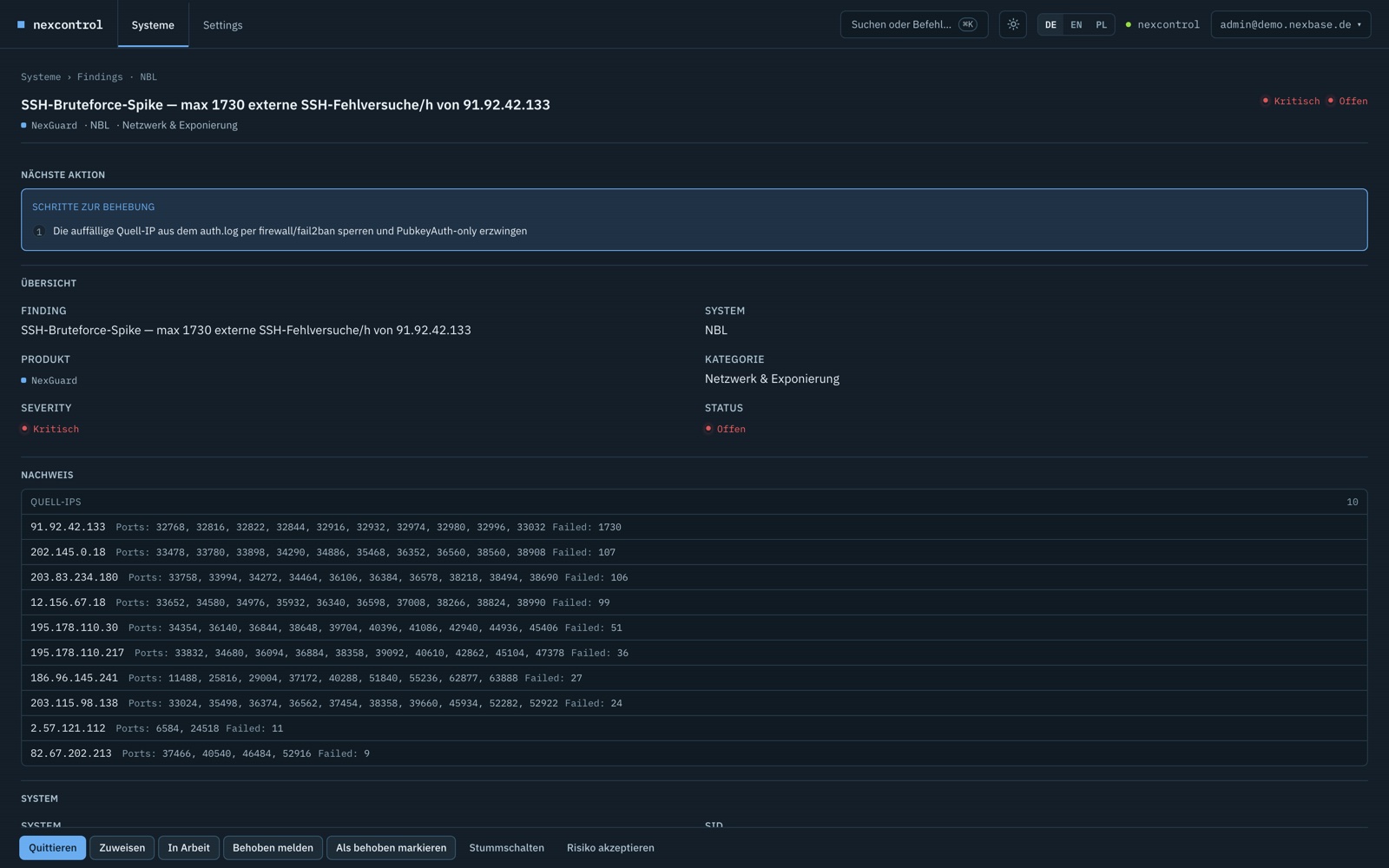 NexControl-Finding: SSH-Bruteforce mit Quell-IPs als Nachweis, empfohlenem nächsten Schritt und Workflow-Aktionen